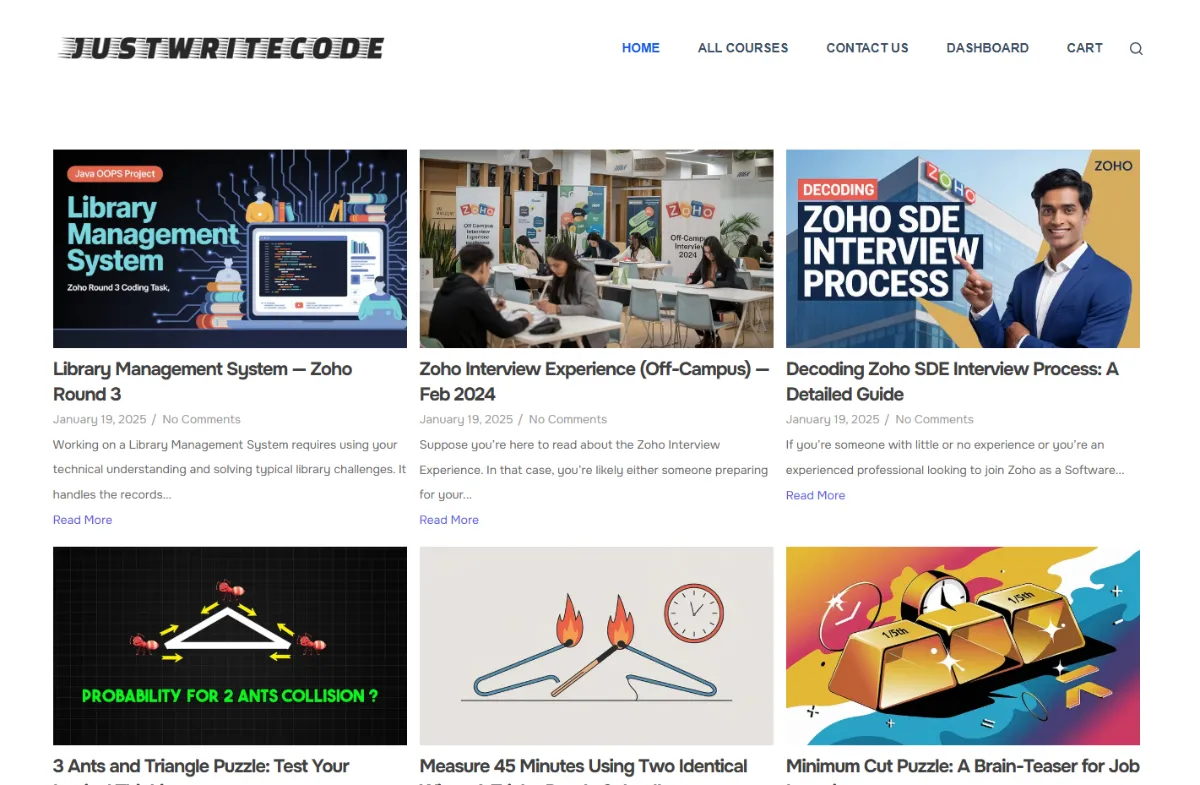 Screenshot of the Just Write Code website (justwritecode.in)